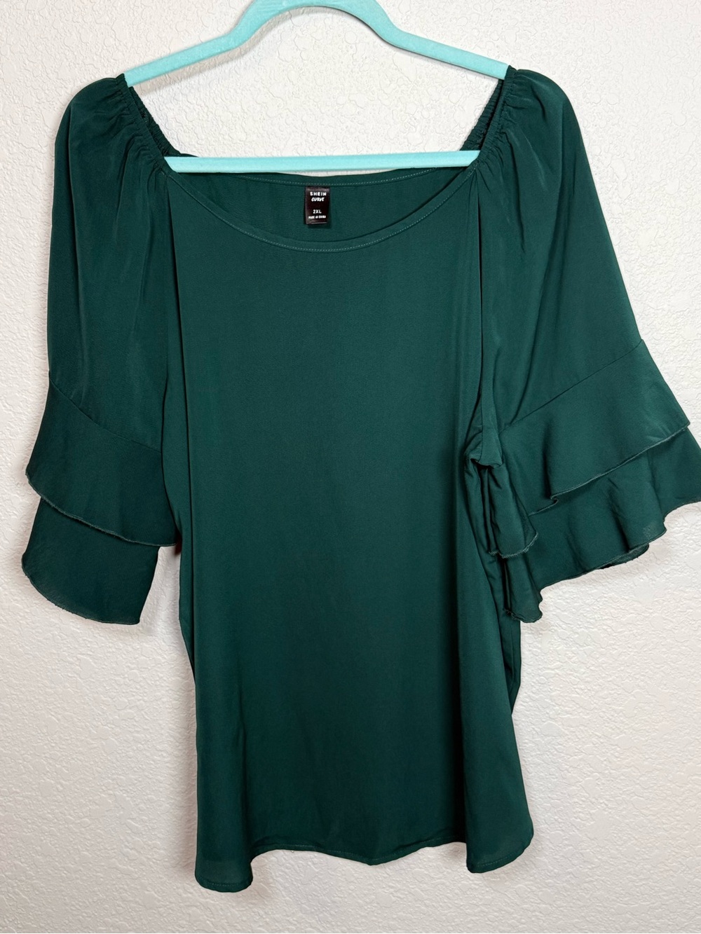 SHEIN Dark Green Ruffle Sleeve Square Neck Blouse